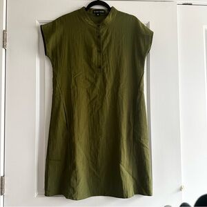 Eileen Fisher Green Mandarin Collar Cap Sleeve Quarter Button Down Dress
